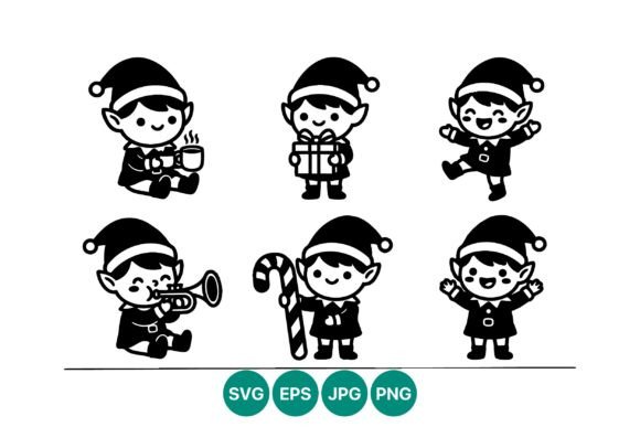 Boost Holiday Branding with Six Christmas Elf Vector Line Art Illustrations