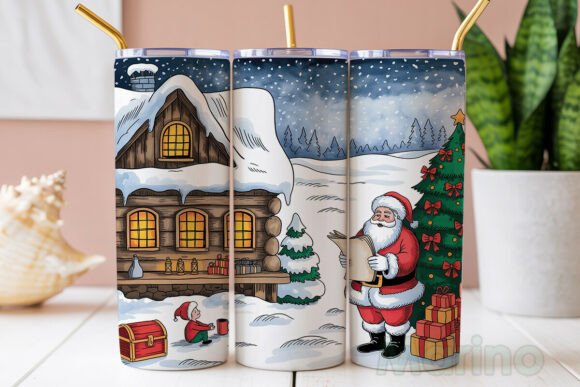 Christmas Cabin Santa Tumbler Wrap: A Festive Illustration for Handmade Projects