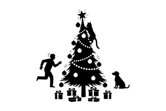 Christmas Tree Silhouette with Dog and R Illustrations