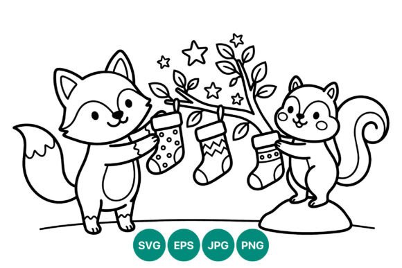 Fox and Squirrel Hanging Christmas Illustrations for Professional Projects