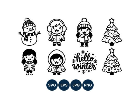 Hello Winter Kids Snowman Christmas Tree Illustrations